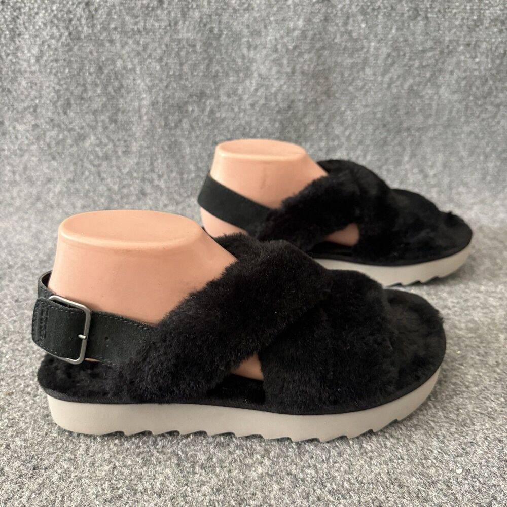 Koolaburra by UGG Fuzz-Ee Women Black Faux Fur Cross Strap Slingback Sandals 8
